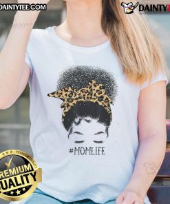Awesome Afro Mom in a messy bun wearing a leopard print tee celebrating Mother's Day, perfect for stylish black moms.
