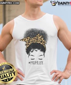 Black mom wearing an 'Awesome Afro Mom Life' tank top with messy bun and leopard print, perfect for Mother's Day.