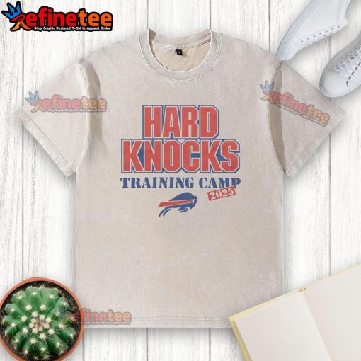 Alt Text: Awesome Buffalo Bills Hard Knocks Training Camp 2025 washed t-shirt featuring team logo and stylish design.