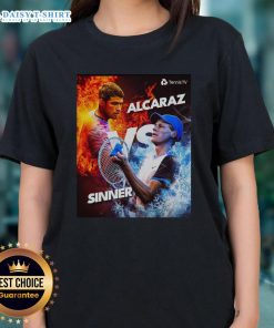 Awesome graphic tee featuring Carlos Alcaraz vs Jannik Sinner in a fiery vs icy tennis showdown design.