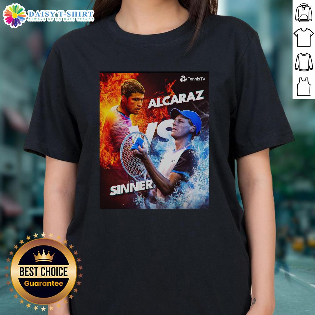 Awesome Carlos Alcaraz Vs Jannik Sinner Tennis Fire Vs Ice Graphic Ladies Tee Awesome graphic tee featuring Carlos Alcaraz vs Jannik Sinner in a fiery vs icy tennis showdown design.