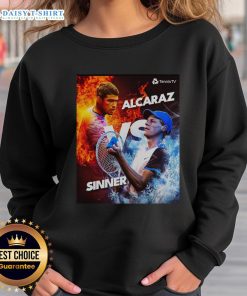 Awesome Carlos Alcaraz vs Jannik Sinner tennis graphic sweatshirt featuring fire and ice design, perfect for fans.