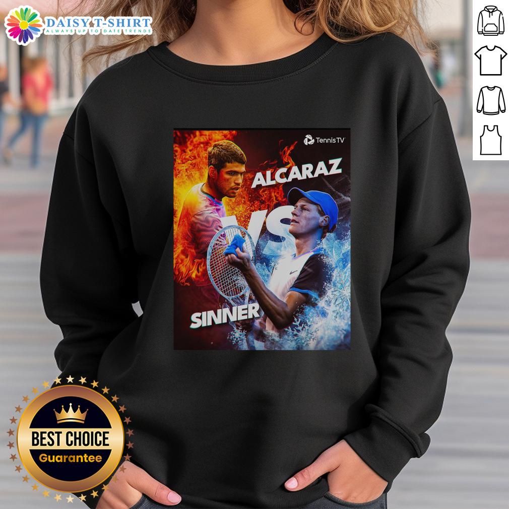 Awesome Carlos Alcaraz Vs Jannik Sinner Tennis Fire Vs Ice Graphic Sweatshirt Awesome Carlos Alcaraz vs Jannik Sinner tennis graphic sweatshirt featuring fire and ice design, perfect for fans.