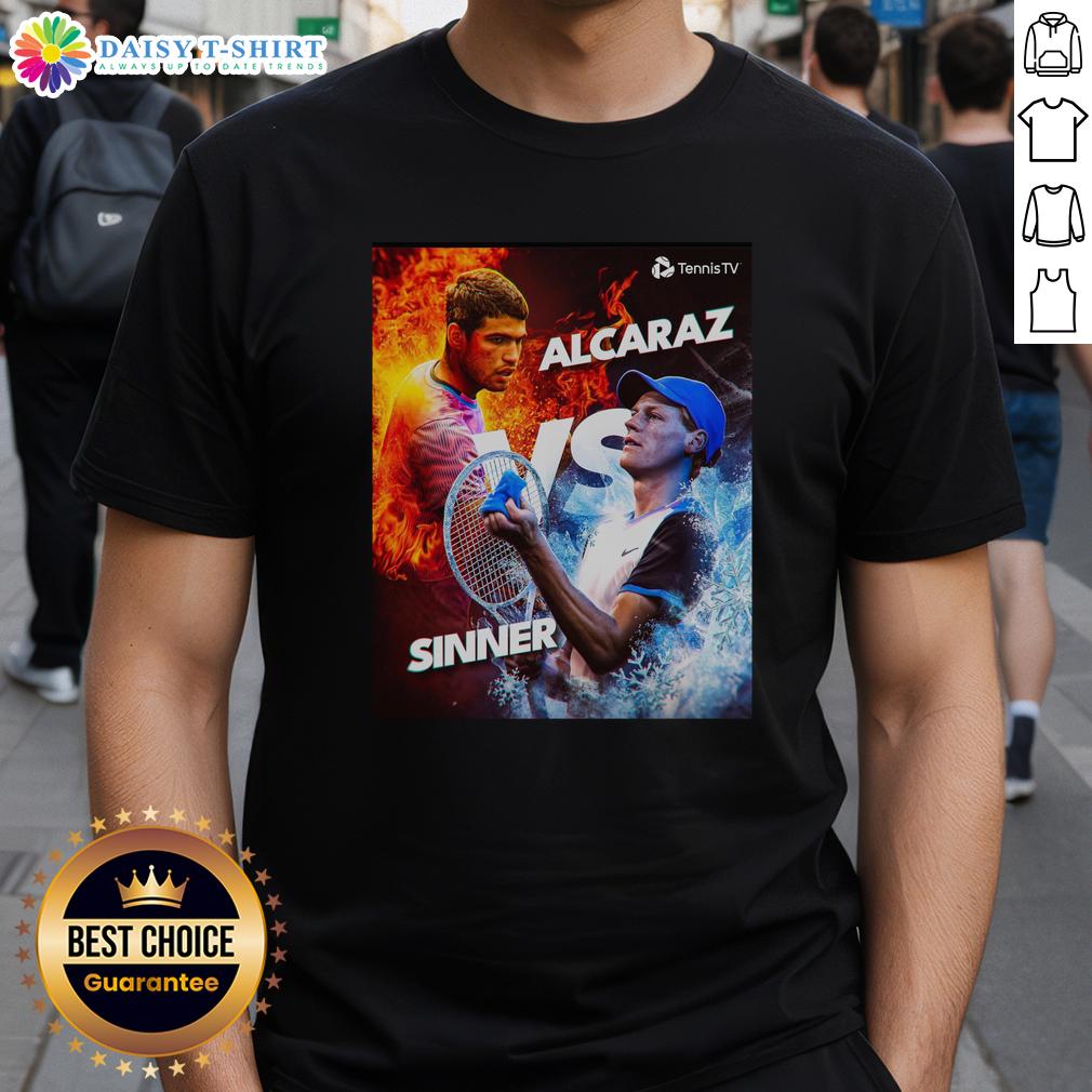Awesome Carlos Alcaraz Vs Jannik Sinner Tennis Fire Vs Ice Graphic T Shirt Alt Text: Awesome Carlos Alcaraz Vs Jannik Sinner Tennis Fire Vs Ice Graphic T-Shirt featuring vibrant design and bold colors.
