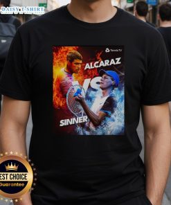 Alt Text: Awesome Carlos Alcaraz Vs Jannik Sinner Tennis Fire Vs Ice Graphic T-Shirt featuring vibrant design and bold colors.