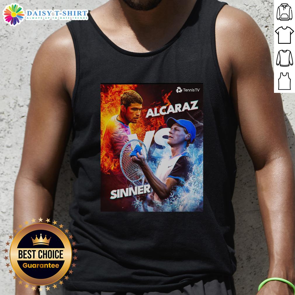 Awesome Carlos Alcaraz Vs Jannik Sinner Tennis Fire Vs Ice Graphic Tank Top Awesome Carlos Alcaraz vs Jannik Sinner tennis graphic tank top featuring fire and ice design for sports enthusiasts.