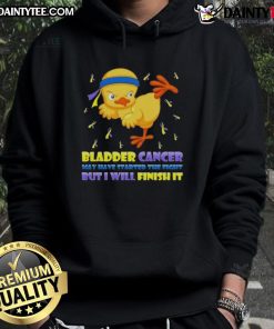 Awesome cartoon chick performing a karate kick on a hoodie, symbolizing strength against bladder cancer.