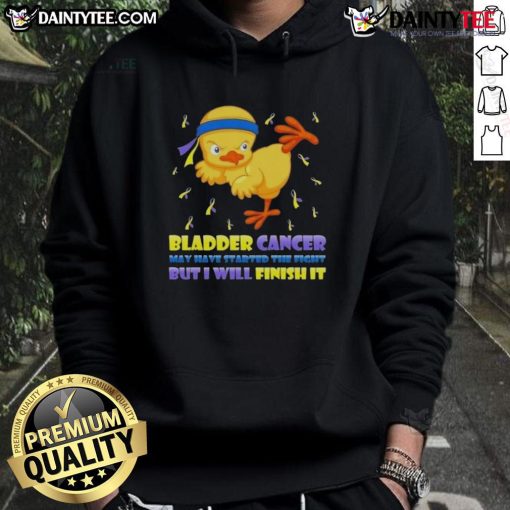 Awesome cartoon chick performing a karate kick on a hoodie, symbolizing strength against bladder cancer.