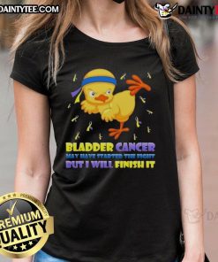 Awesome cartoon chick in a karate kick pose, symbolizing strength in the fight against bladder cancer. Ladies tee design.