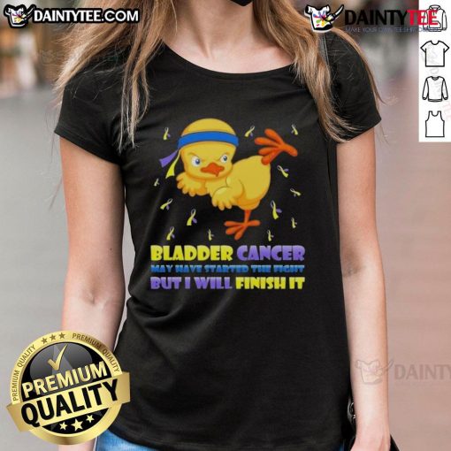 Awesome cartoon chick in a karate kick pose, symbolizing strength in the fight against bladder cancer. Ladies tee design.