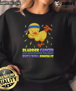 Awesome cartoon chick delivering a karate kick on a sweatshirt, symbolizing strength in the fight against bladder cancer.