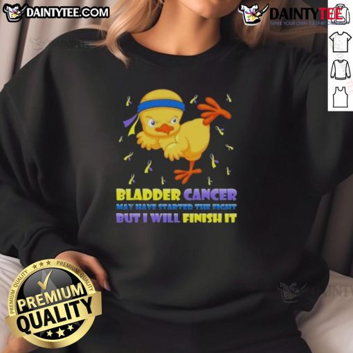 Awesome cartoon chick delivering a karate kick on a sweatshirt, symbolizing strength in the fight against bladder cancer.
