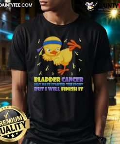 Alt Text: Awesome cartoon chick delivering a karate kick on a T-shirt, promoting bladder cancer awareness and resilience.