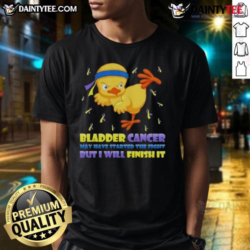 Alt Text: Awesome cartoon chick delivering a karate kick on a T-shirt, promoting bladder cancer awareness and resilience.