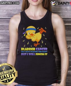 Cartoon chick performing a karate kick, promoting strength against bladder cancer in a vibrant tank top design.