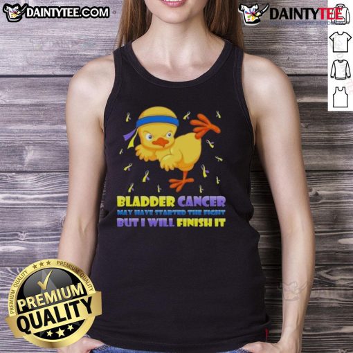 Cartoon chick performing a karate kick, promoting strength against bladder cancer in a vibrant tank top design.