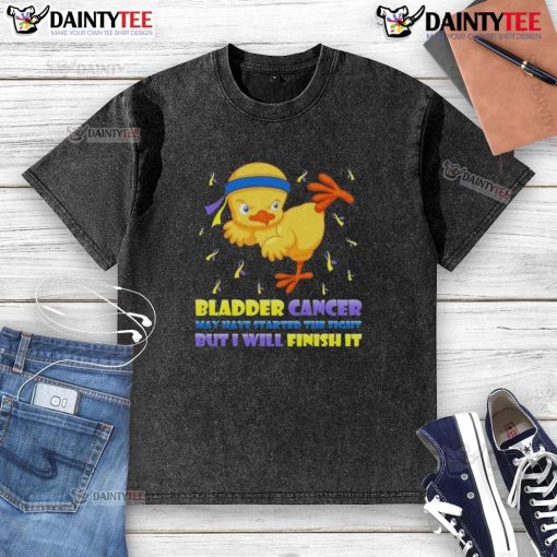 Awesome cartoon chick delivering a karate kick, symbolizing strength in the fight against bladder cancer on a washed T-shirt.