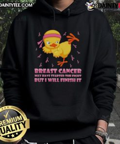 Awesome cartoon chick performing a karate kick on a hoodie, symbolizing strength in the fight against breast cancer.