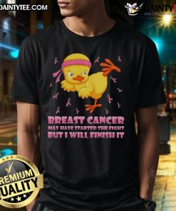 Awesome cartoon chick performing a karate kick in a breast cancer awareness T-shirt, embodying strength and resilience.