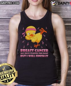 Awesome cartoon chick in a karate kick tank top, promoting breast cancer awareness with the message: I will finish the fight.