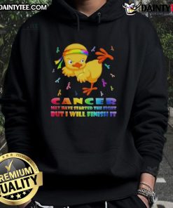 Alt Text: Awesome cartoon chick delivering a karate kick, promoting cancer awareness with the message 'I will finish it' on hoodie.