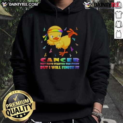 Alt Text: Awesome cartoon chick delivering a karate kick, promoting cancer awareness with the message 'I will finish it' on hoodie.