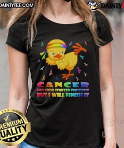 Awesome cartoon chick delivering a karate kick, symbolizing strength in the fight against cancer on a ladies tee.