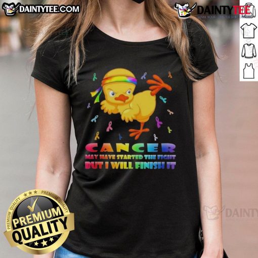 Awesome cartoon chick delivering a karate kick, symbolizing strength in the fight against cancer on a ladies tee.