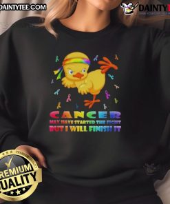 Awesome cartoon chick in a karate kick pose on a sweatshirt, promoting cancer awareness with 'I'll finish it' message.