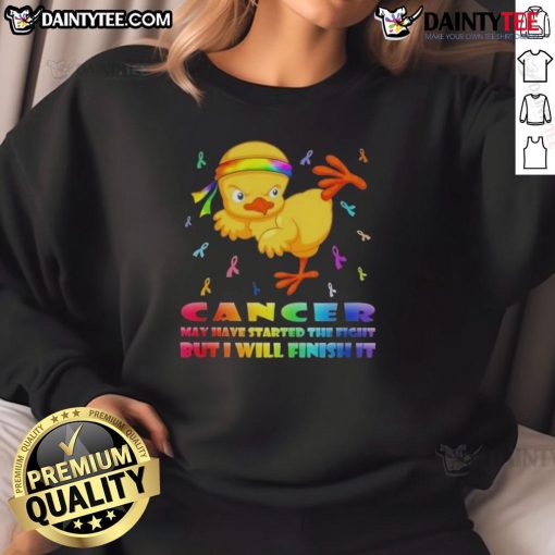 Awesome cartoon chick in a karate kick pose on a sweatshirt, promoting cancer awareness with 'I'll finish it' message.