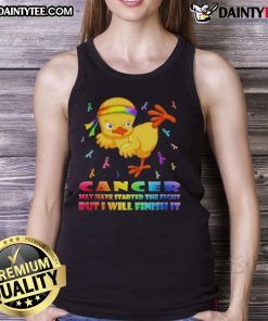 Awesome cartoon chick delivering a karate kick with the phrase 'Cancer may have started the fight, but I will finish it' on tank top.