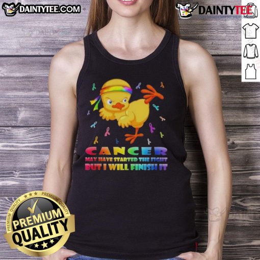 Awesome cartoon chick delivering a karate kick with the phrase 'Cancer may have started the fight, but I will finish it' on tank top.