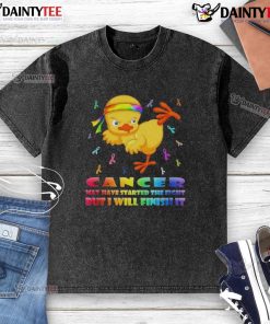 Alt Text: Cartoon chick delivering a karate kick, symbolizing strength in fighting cancer on a washed t-shirt.