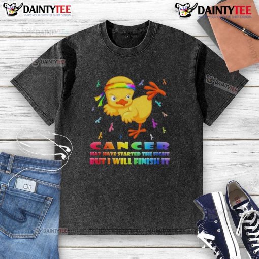 Alt Text: Cartoon chick delivering a karate kick, symbolizing strength in fighting cancer on a washed t-shirt.