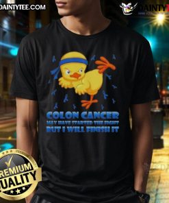 Awesome cartoon chick delivering a karate kick on a T-shirt, promoting colon cancer awareness with the message of resilience.