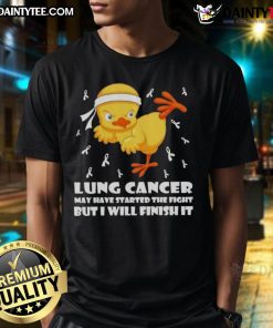 Awesome cartoon chick delivering a karate kick on a lung cancer awareness T-shirt, spreading strength and resilience.