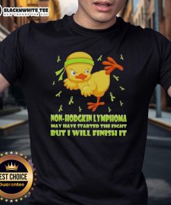 Awesome cartoon chick performing a karate kick on a T-shirt, symbolizing strength in fighting Non-Hodgkin Lymphoma.