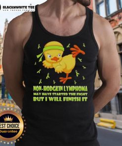 Awesome cartoon chick executing a karate kick on a tank top, symbolizing strength in the fight against Non-Hodgkin Lymphoma.