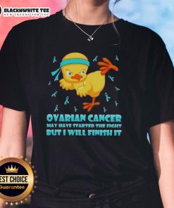 Awesome cartoon chick delivering a karate kick, promoting ovarian cancer awareness on a ladies tee shirt design.