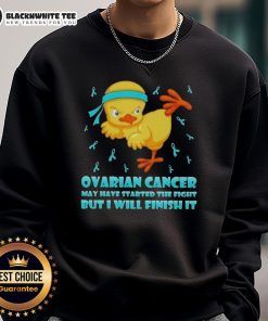 Awesome cartoon chick performing a karate kick, promoting ovarian cancer awareness with a motivational sweatshirt design.