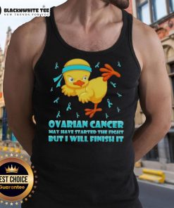 Awesome cartoon chick performing a karate kick, promoting ovarian cancer awareness with empowering tank top design.