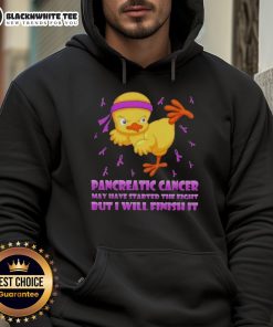 Awesome cartoon chick delivering a karate kick in a hoodie, symbolizing strength against pancreatic cancer fight.
