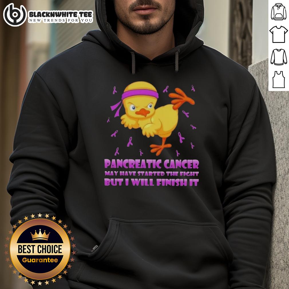 Awesome Cartoon Chick Karate Kick Pancreatic Cancer May Have Started The Fight But I Will Finish It Hoodie Awesome cartoon chick delivering a karate kick in a hoodie, symbolizing strength against pancreatic cancer fight.