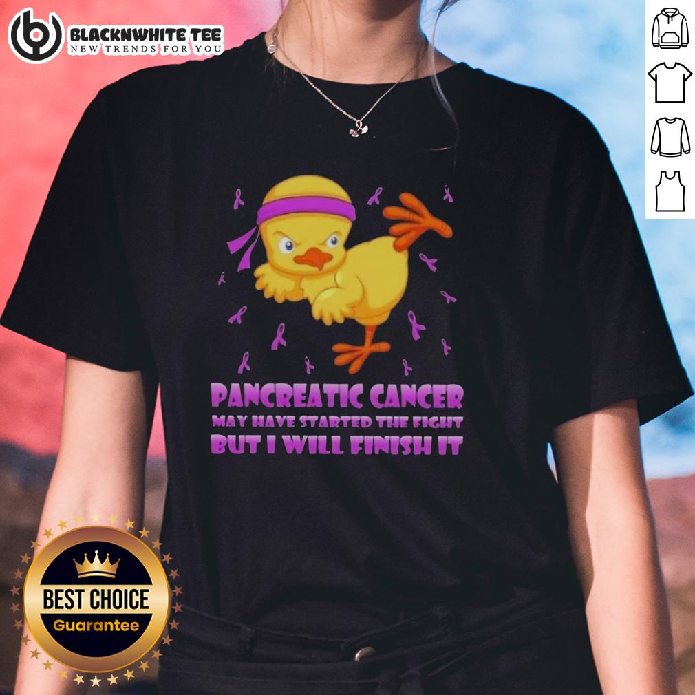 Awesome Cartoon Chick Karate Kick Pancreatic Cancer May Have Started The Fight But I Will Finish It Ladies-Tee Awesome cartoon chick performing a karate kick, promoting pancreatic cancer awareness on a ladies tee design.