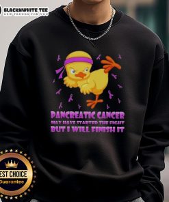 Awesome cartoon chick in a karate kick pose, promoting pancreatic cancer awareness on a stylish sweatshirt design.