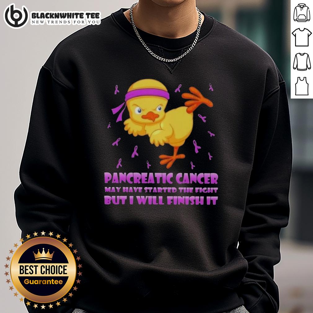 Awesome Cartoon Chick Karate Kick Pancreatic Cancer May Have Started The Fight But I Will Finish It Sweatshirt Awesome cartoon chick in a karate kick pose, promoting pancreatic cancer awareness on a stylish sweatshirt design.