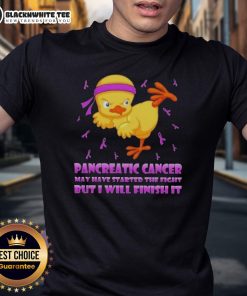Awesome cartoon chick delivering a karate kick on a T-shirt, symbolizing strength against pancreatic cancer.