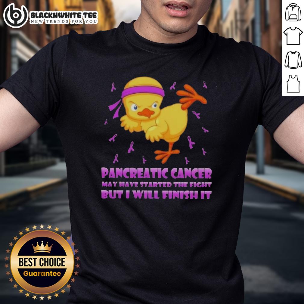 Awesome Cartoon Chick Karate Kick Pancreatic Cancer May Have Started The Fight But I Will Finish It T-Shirt Awesome cartoon chick delivering a karate kick on a T-shirt, symbolizing strength against pancreatic cancer.