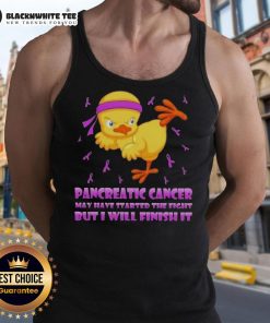 Awesome cartoon chick delivering a karate kick in a tank top, symbolizing strength against pancreatic cancer.