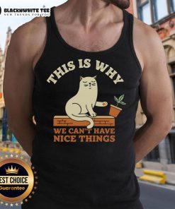 Awesome cat in a 'This Is Why We Cant Have Nice Things' tank top, showcasing playful mischief and charm.